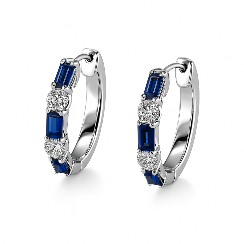 Blue Sapphire and Diamond Hoops