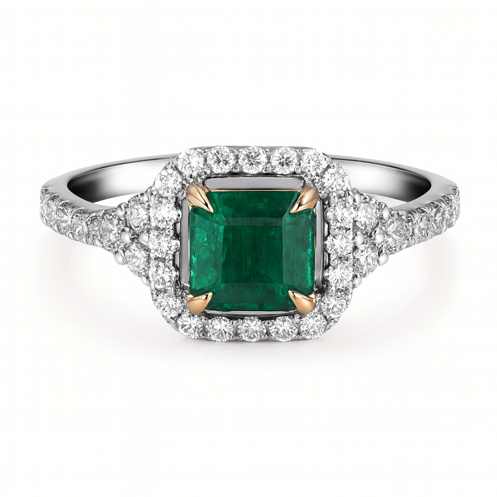 Asscher Cut Green Emerald and Diamond Ring
