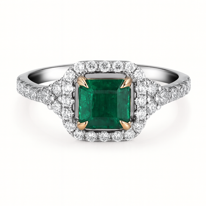Asscher Cut Green Emerald and Diamond Ring
