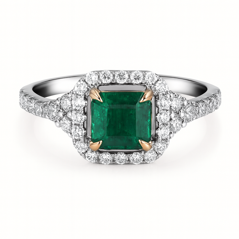 Asscher Cut Green Emerald and Diamond Ring