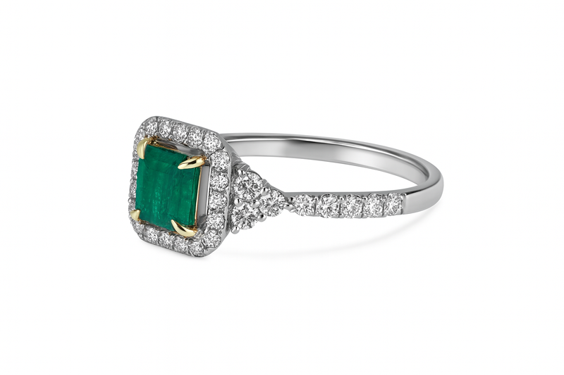 Asscher Cut Green Emerald and Diamond Ring
