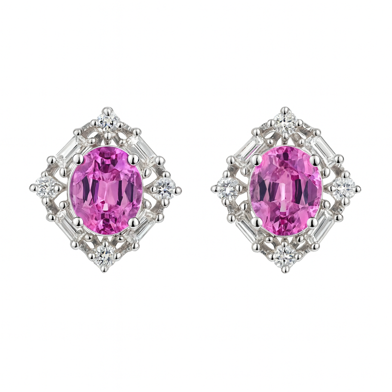 Pink Topaz Baguette Halo Earrings