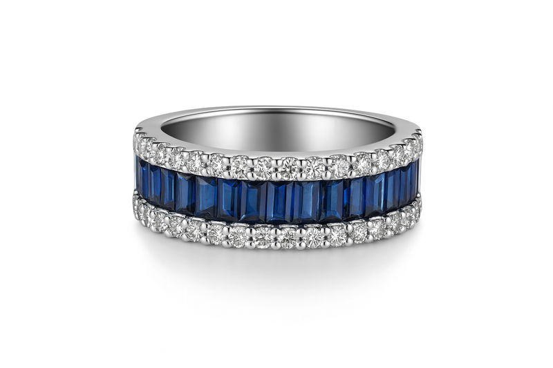 Blue Sapphire Baguette and Diamond Band