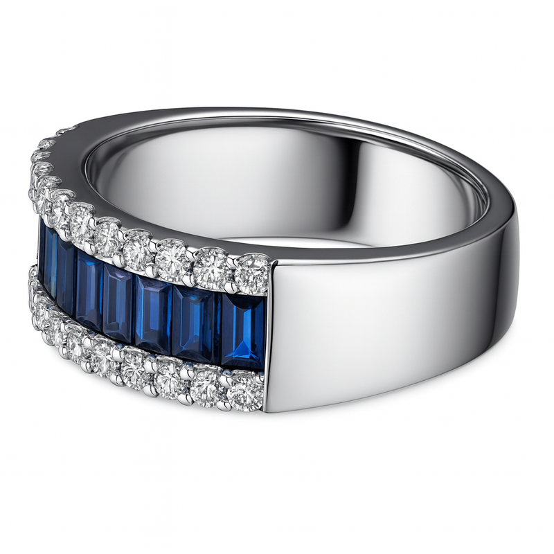 Blue Sapphire Baguette and Diamond Band