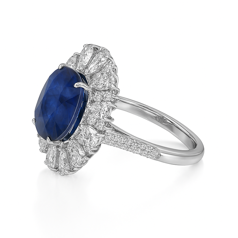 Oval Blue Sapphire Ring with Pear Halo
