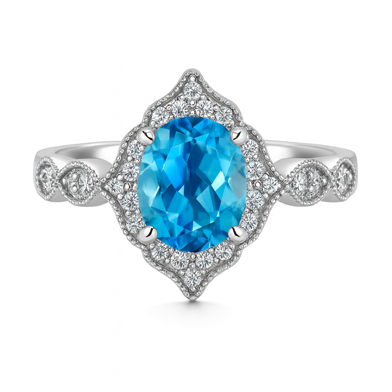 Milgrain Halo Blue Topaz Ring