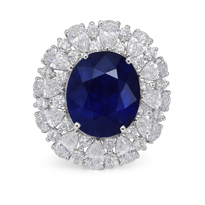 Oval Blue Sapphire Ring with Pear Halo