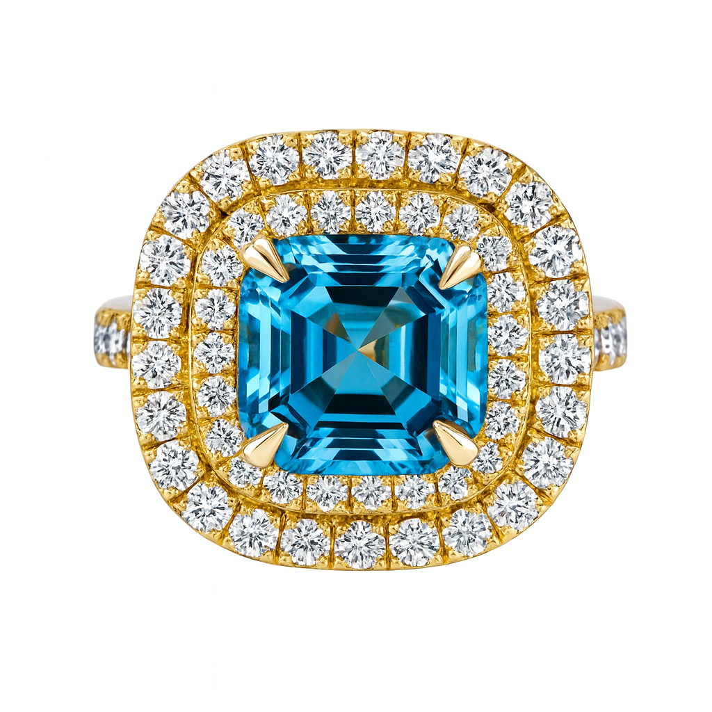 Double Halo Blue Topaz Ring