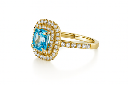 Double Halo Blue Topaz Ring