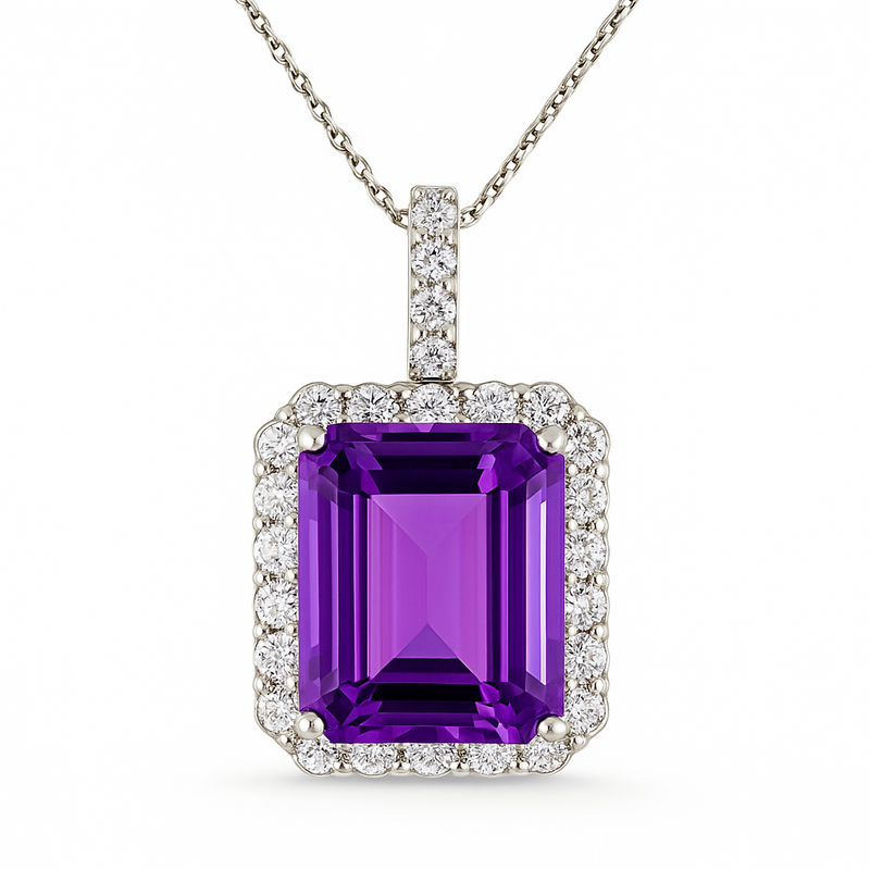 Emerald Cut Amethyst Halo Pendant