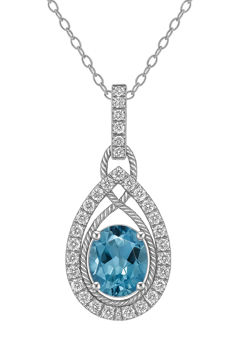 Oval Blue Topaz Halo Pendant