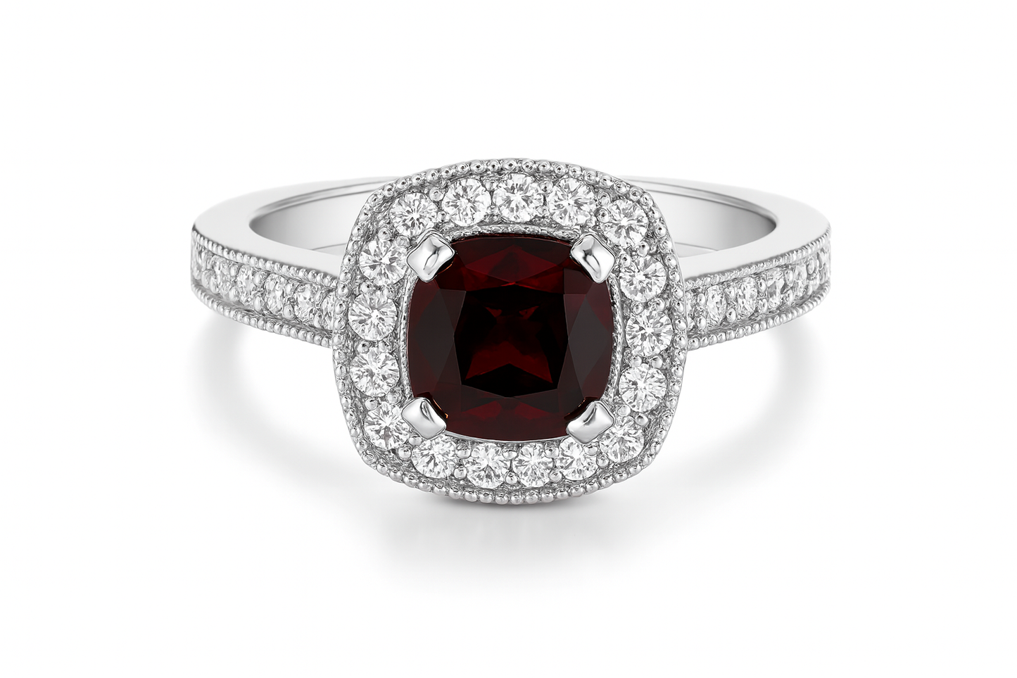 Milgrain Cushion Halo Garnet Ring