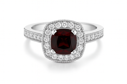 Milgrain Cushion Halo Garnet Ring