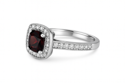 Milgrain Cushion Halo Garnet Ring