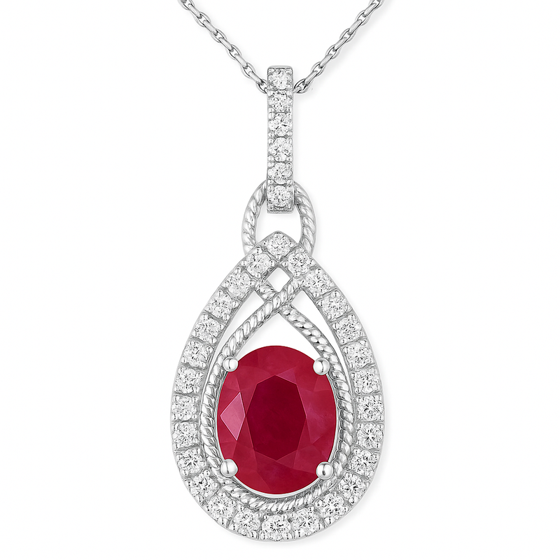 Oval Ruby Diamond Halo Pendant