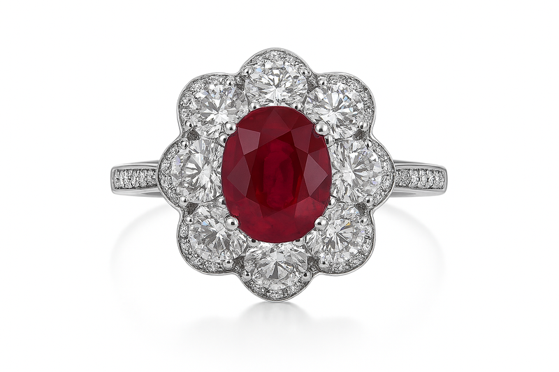 Oval Diamond Halo Ruby Ring