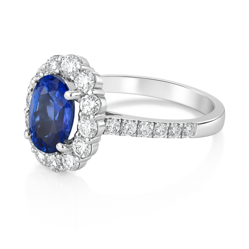 Oval Tanzanite Diamond Halo Ring.