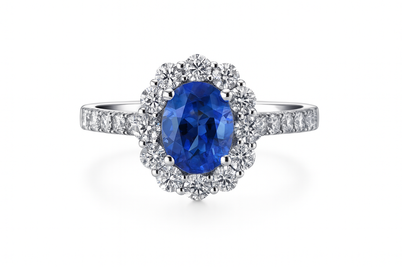 Oval Tanzanite Diamond Halo Ring.