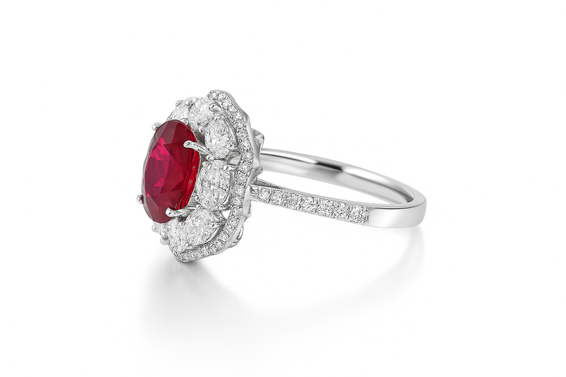 Oval Diamond Halo Ruby Ring