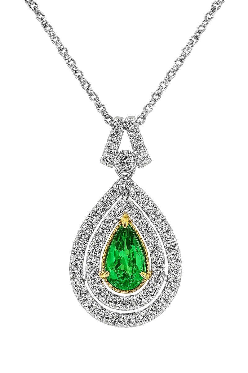 Double Halo Emerald Pear Pendant