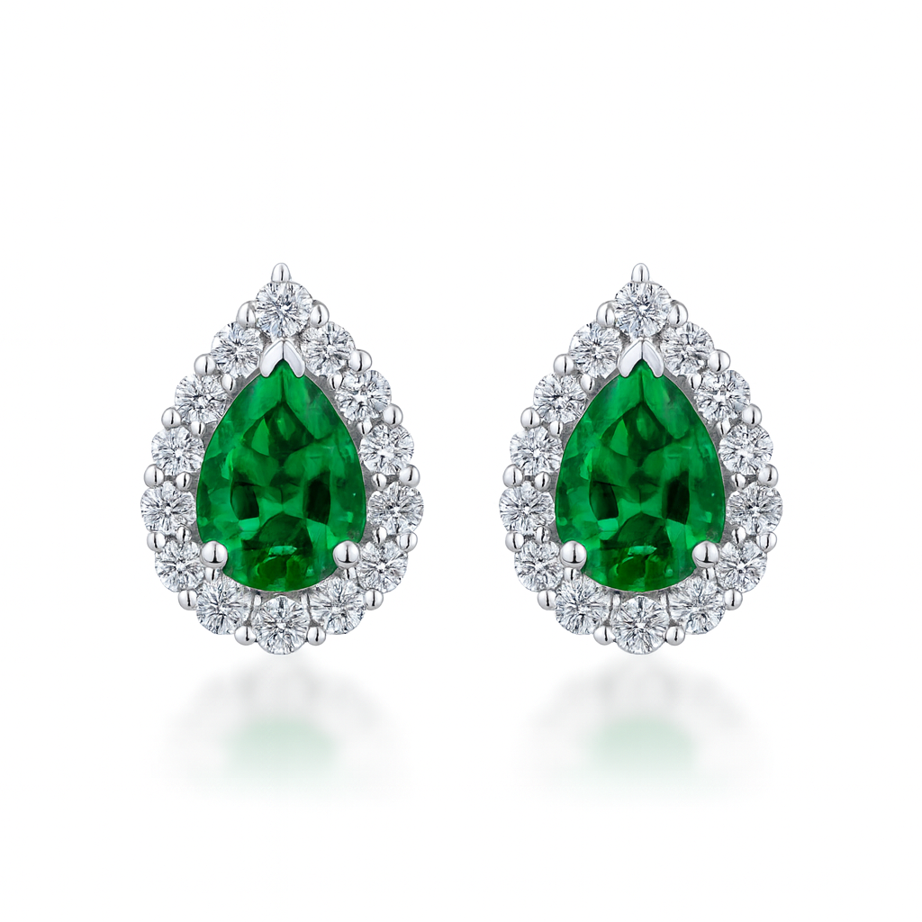 Pear Emerald Diamond Halo Earrings