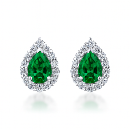 Pear Emerald Diamond Halo Earrings