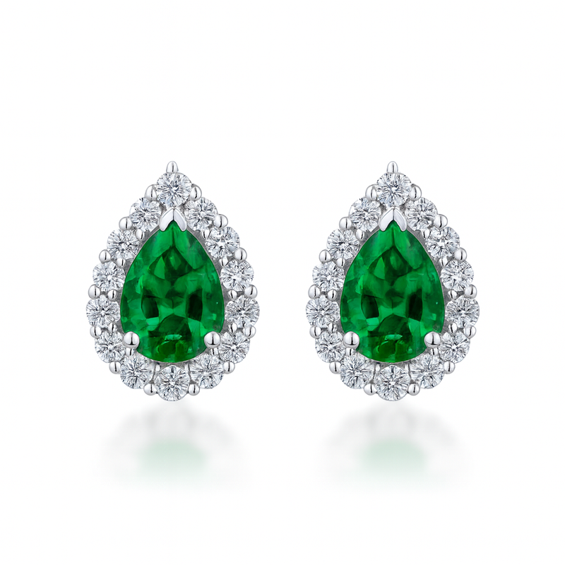 Pear Emerald Diamond Halo Earrings