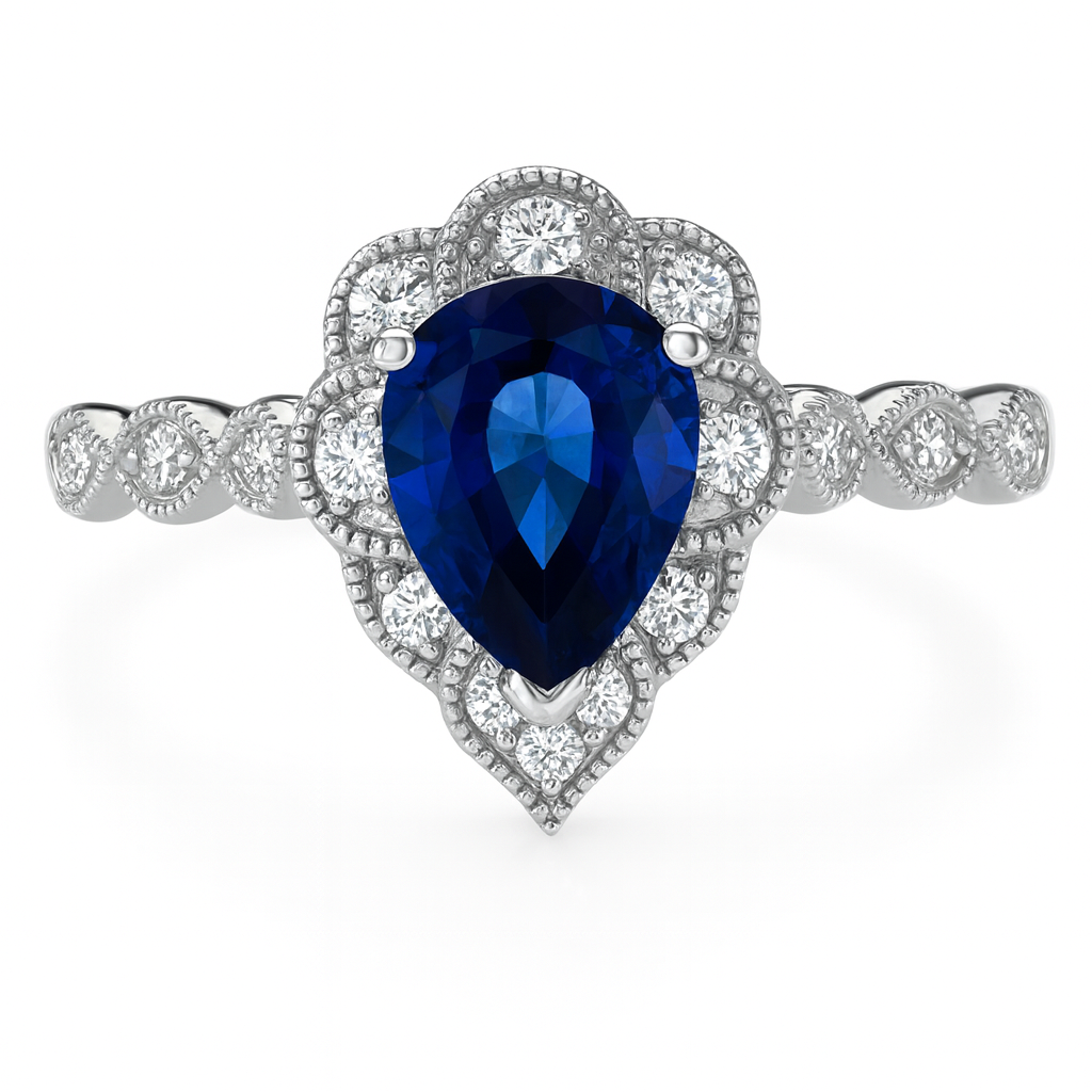 Pear Blue Sapphire Milgrain Ring