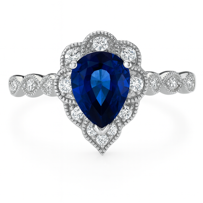 Pear Blue Sapphire Milgrain Ring