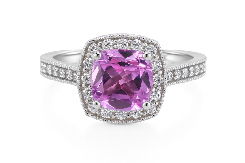 Milgrain Pink Topaz Halo Ring