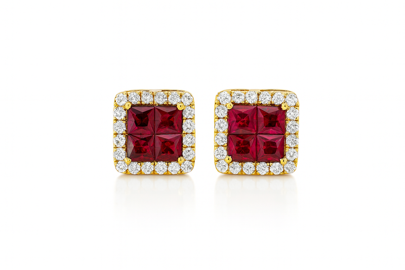 Princess Ruby Diamond Halo Earrings