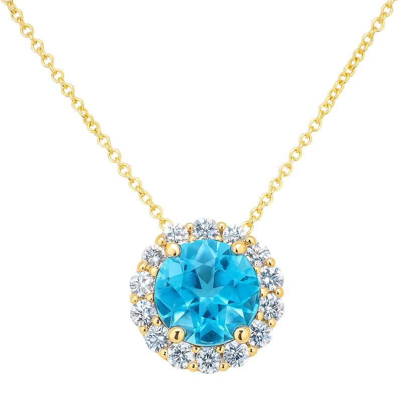 Round Swiss Blue Topaz Halo Pendant