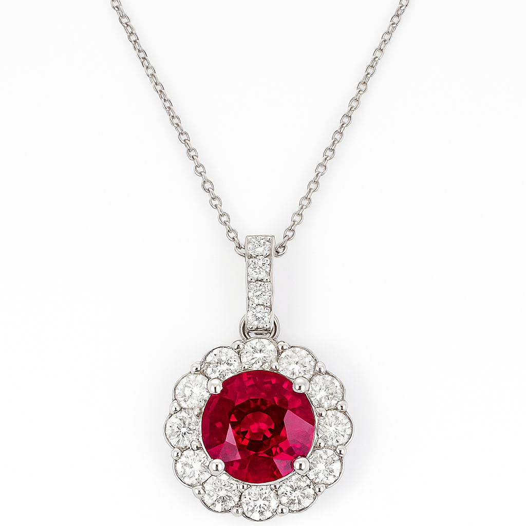 Round Ruby Diamond Halo Pendant