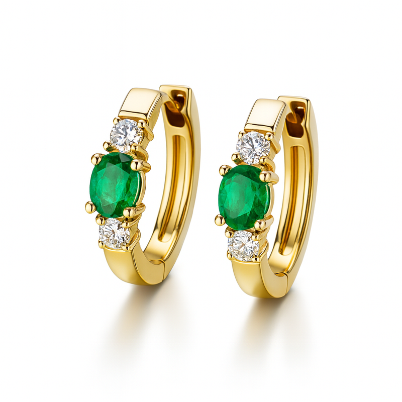 Green Emerald and Diamond Hoops