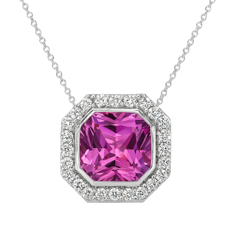 Asscher Pink Topaz Halo Pendant