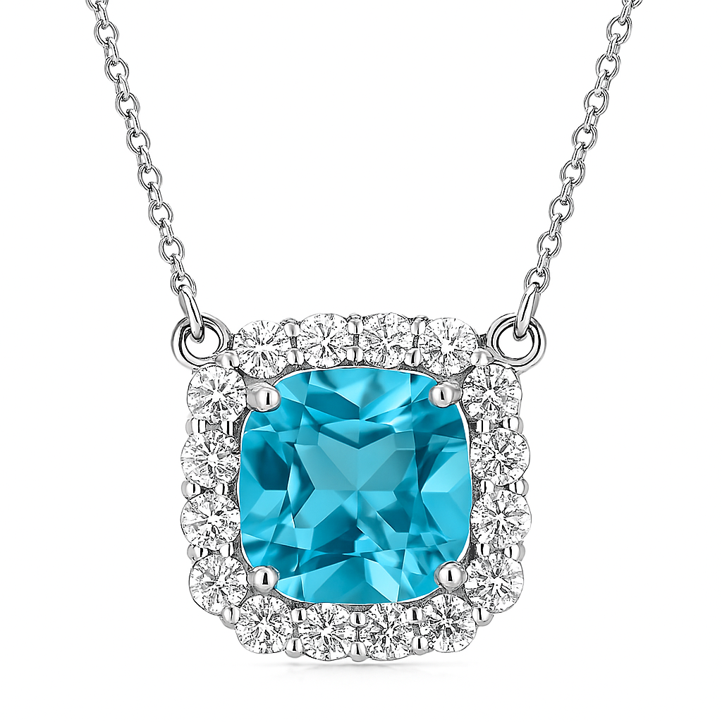 Cushion Blue Topaz Halo Pendant