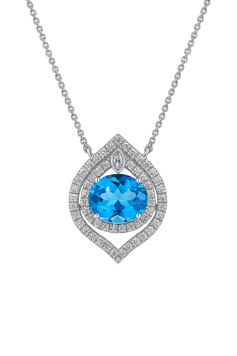 East West Blue Topaz Halo Pendant