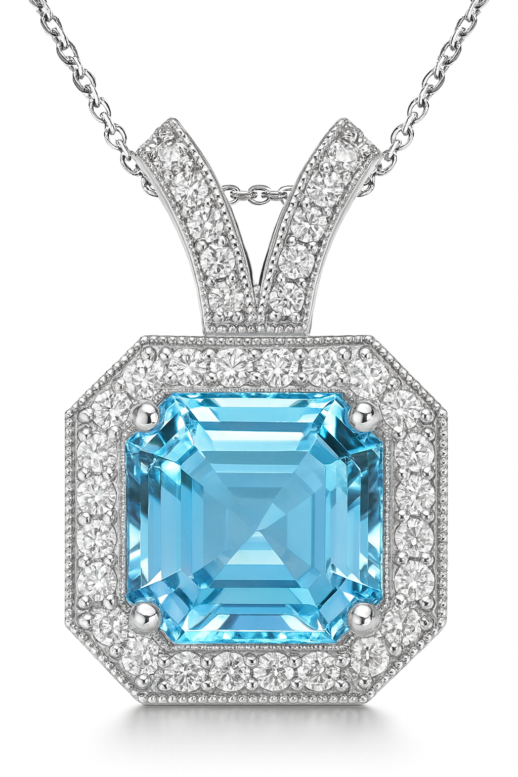 Asscher Aquamarine Diamond Halo Pendant