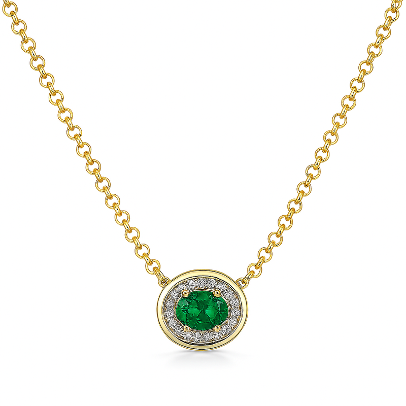 East West Oval Emerald Halo Pendant