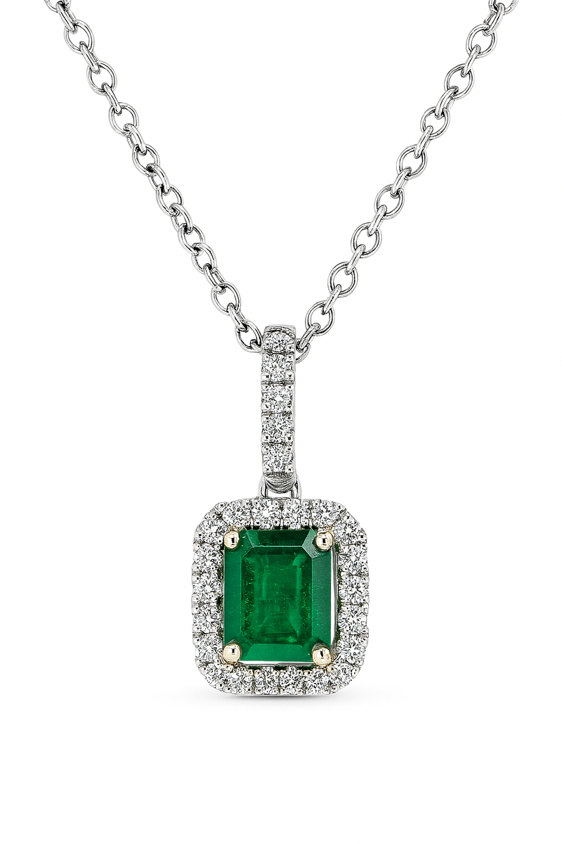 Emerald Cut Emerald Halo Pendant