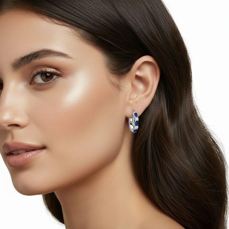Blue Sapphire and Diamond Hoops