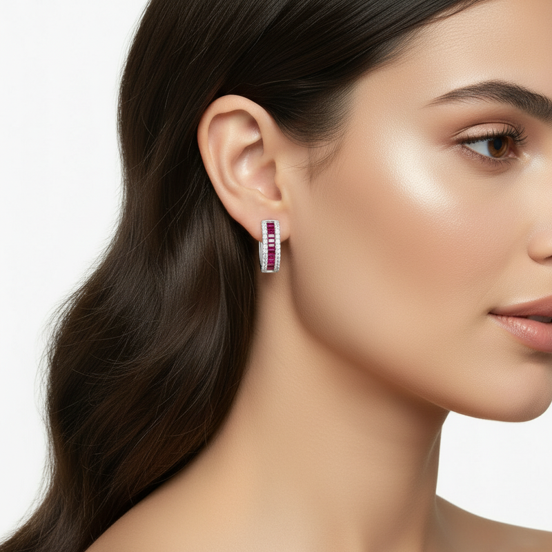 Baguette Ruby and Diamond Hoops