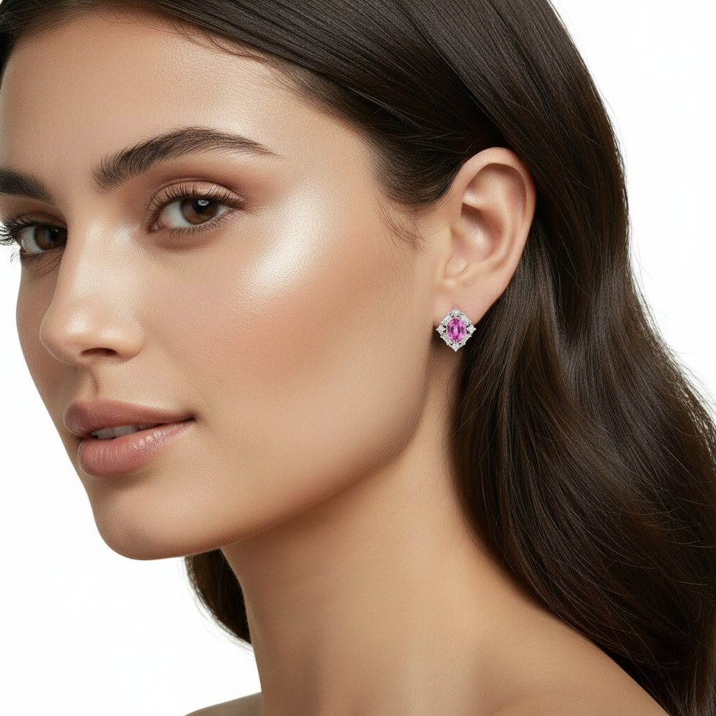 Pink Topaz Baguette Halo Earrings