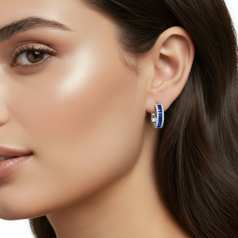 Baguette Sapphire and Diamond Hoops