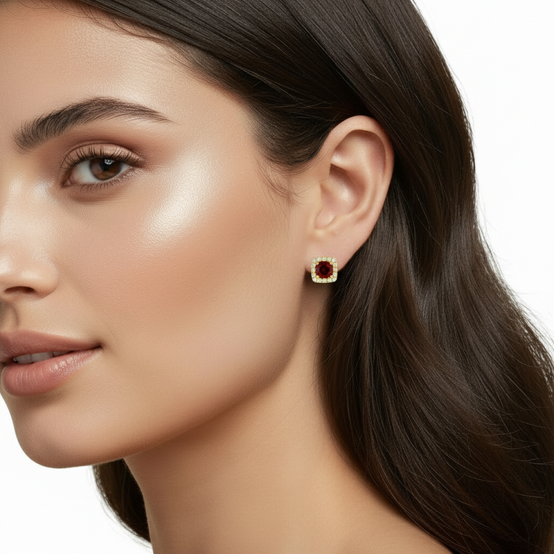 Cushion Halo Garnet Earrings
