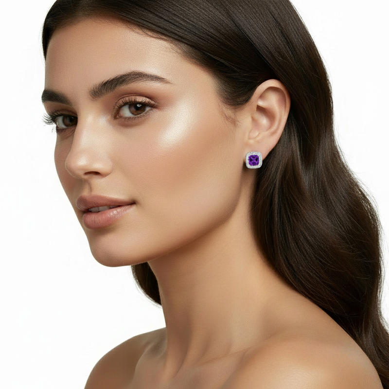 Cushion Amethyst Halo Earrings