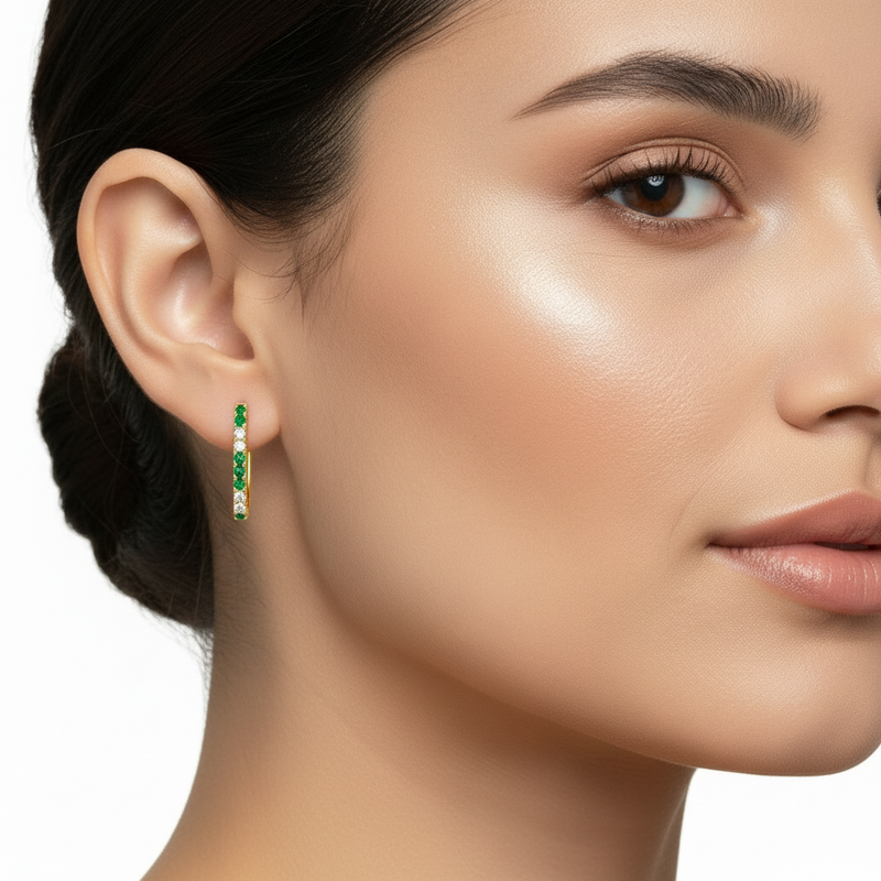 Elongated Emerald/Diamond Hoops