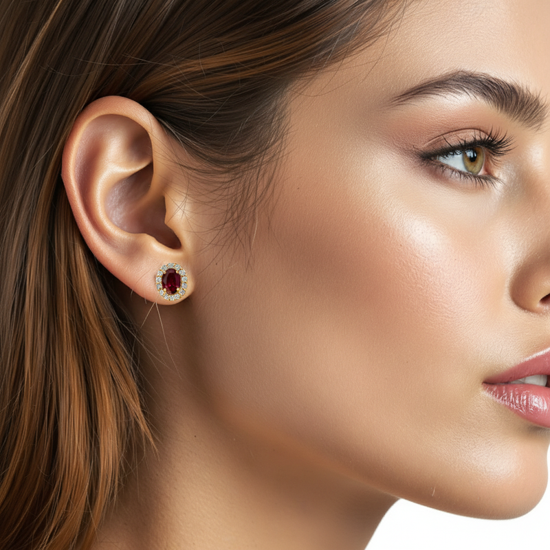 Oval Ruby Diamond Halo Earrings
