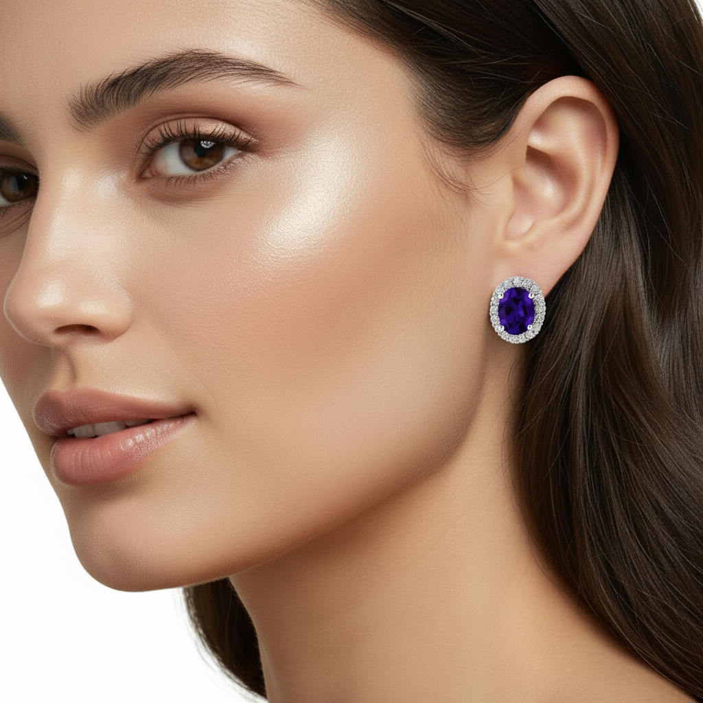 Oval Amethyst Halo Earrings