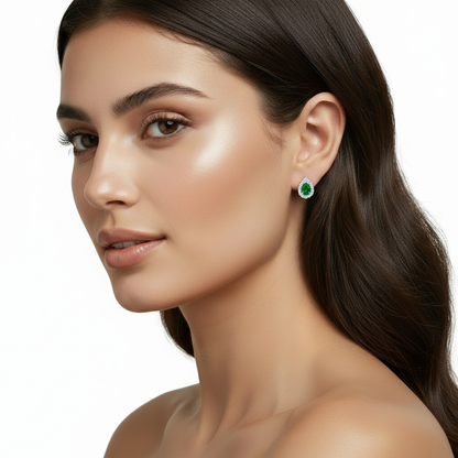 Pear Emerald Diamond Halo Earrings